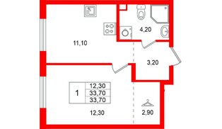 Квартира в ЖК «А101 Всеволожск», 1 комнатная, 33.7 м², 2 этаж