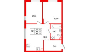 Квартира в ЖК «А101 Всеволожск», 2 комнатная, 49.1 м², 2 этаж