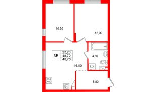Квартира в ЖК «А101 Всеволожск», 2 комнатная, 48.7 м², 8 этаж