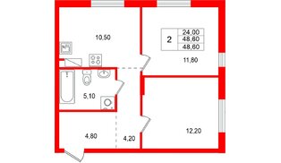 Квартира в ЖК «А101 Всеволожск», 2 комнатная, 48.6 м², 7 этаж