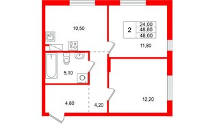 Квартира в ЖК «А101 Всеволожск», 2 комнатная, 48.6 м², 9 этаж