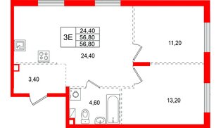 Квартира в ЖК «А101 Всеволожск», 2 комнатная, 56.8 м², 7 этаж