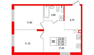 Квартира в ЖК «А101 Всеволожск», 2 комнатная, 51.5 м², 3 этаж