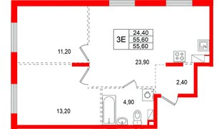Квартира в ЖК «А101 Всеволожск», 2 комнатная, 55.6 м², 3 этаж