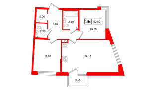 Квартира в ЖК «Цвет Зеленогорска», 2 комнатная, 62.5 м², 3 этаж