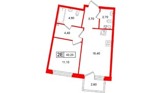Квартира в ЖК «Цвет Зеленогорска», 1 комнатная, 43.2 м², 3 этаж