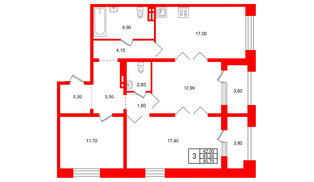 Квартира в ЖК Сибирь, 3 комнатная, 90.7 м², 2 этаж