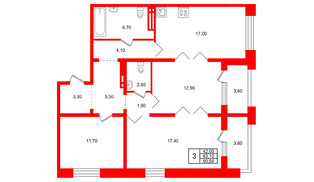 Квартира в ЖК Сибирь, 3 комнатная, 90.5 м², 12 этаж