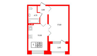 Квартира в ЖК Сибирь, 1 комнатная, 43.1 м², 3 этаж
