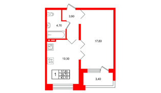 Квартира в ЖК Сибирь, 1 комнатная, 43.1 м², 8 этаж