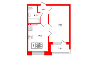 Квартира в ЖК Сибирь, 1 комнатная, 43 м², 12 этаж