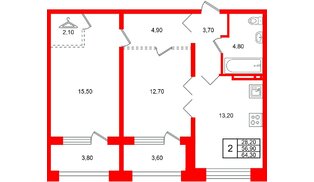 Квартира в ЖК «Сибирь», 2 комнатная, 64.3 м², 12 этаж