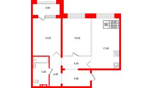 Квартира в ЖК «Сибирь», 2 комнатная, 69 м², 16 этаж
