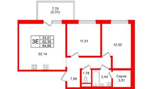 Квартира в ЖК «Грена Лунд», 2 комнатная, 64.66 м², 6 этаж