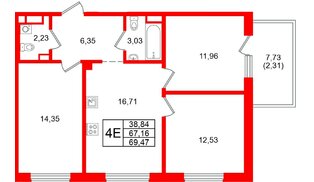 Квартира в ЖК «Грена Лунд», 3 комнатная, 69.47 м², 5 этаж