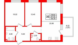 Квартира в ЖК «Грена Лунд», 2 комнатная, 69.39 м², 1 этаж