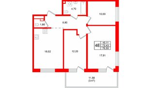 Квартира в ЖК «Грена Лунд», 3 комнатная, 76.9 м², 5 этаж