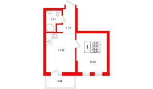 Квартира в ЖК «Брусника в Новоселье», 1 комнатная, 36.21 м², 9 этаж