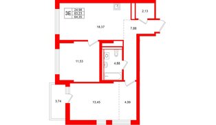 Квартира в ЖК «Брусника в Новоселье», 2 комнатная, 64.35 м², 9 этаж