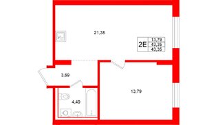 Квартира в ЖК «Брусника в Новоселье», 1 комнатная, 43.35 м², 3 этаж