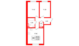Квартира в ЖК Ржевский парк, 2 комнатная, 51.5 м², 1 этаж