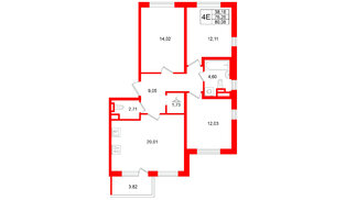Квартира в ЖК «Югтаун», 3 комнатная, 80.08 м², 1 этаж