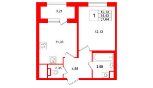 Квартира в ЖК Югтаун, 1 комнатная, 37.64 м², 1 этаж