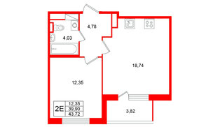 Квартира в ЖК Югтаун, 1 комнатная, 43.72 м², 2 этаж