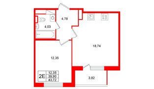 Квартира в ЖК Югтаун, 1 комнатная, 43.72 м², 5 этаж