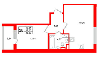 Квартира в ЖК Югтаун, 1 комнатная, 43.69 м², 4 этаж