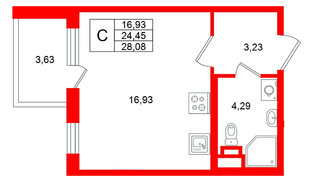 Квартира в ЖК Югтаун, студия, 28.08 м², 2 этаж