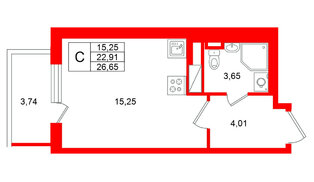 Квартира в ЖК Югтаун, студия, 26.65 м², 4 этаж