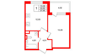 Квартира в ЖК «Югтаун», 1 комнатная, 37.95 м², 2 этаж
