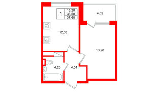 Квартира в ЖК Югтаун, 1 комнатная, 37.6 м², 4 этаж