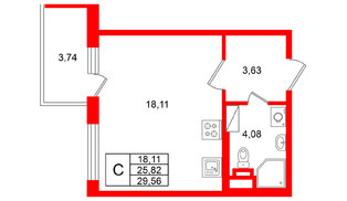 Квартира в ЖК Югтаун, студия, 29.56 м², 3 этаж