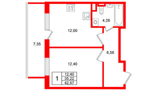 Квартира в ЖК Югтаун, 1 комнатная, 42.57 м², 2 этаж