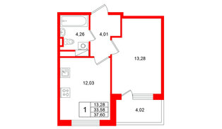 Квартира в ЖК «Югтаун», 1 комнатная, 37.6 м², 3 этаж