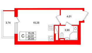 Квартира в ЖК Югтаун, студия, 26.65 м², 4 этаж