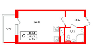 Квартира в ЖК «Югтаун», студия, 27.5 м², 3 этаж