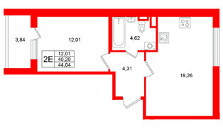 Квартира в ЖК «Югтаун», 1 комнатная, 44.04 м², 2 этаж