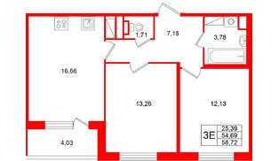 Квартира в ЖК «Югтаун», 2 комнатная, 58.72 м², 3 этаж