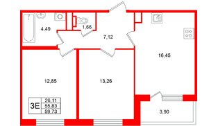 Квартира в ЖК «Югтаун», 2 комнатная, 59.73 м², 1 этаж