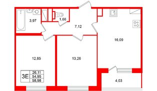 Квартира в ЖК «Югтаун», 2 комнатная, 58.98 м², 3 этаж
