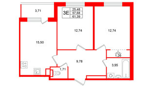 Квартира в ЖК «Югтаун», 2 комнатная, 61.39 м², 1 этаж