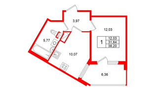 Квартира в ЖК Любоград, 1 комнатная, 38.2 м², 3 этаж