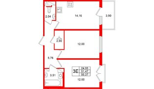 Квартира в ЖК «Любоград», 2 комнатная, 55.37 м², 4 этаж