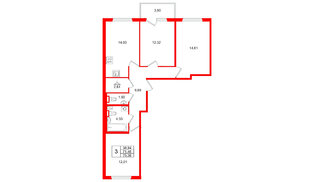 Квартира в ЖК Любоград, 3 комнатная, 75.36 м², 1 этаж