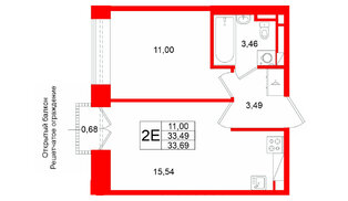 Квартира в ЖК Аристократ, 1 комнатная, 33.49 м², 2 этаж