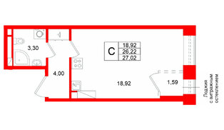 Квартира в ЖК Аристократ, студия, 26.22 м², 7 этаж