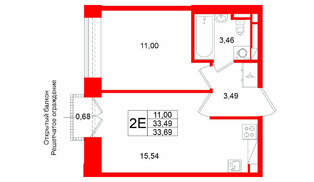 Квартира в ЖК Аристократ, 1 комнатная, 33.49 м², 6 этаж